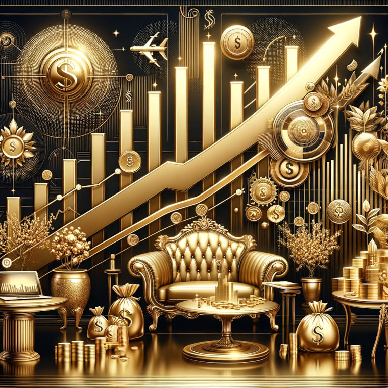 Luxurious financial management scene, featuring symbols of elegant financial planning tools, gold ascending graphs for savings growth, and opulent investment opportunities, all symbolizing a lavish lifestyle of financial freedom and strategic saving.
