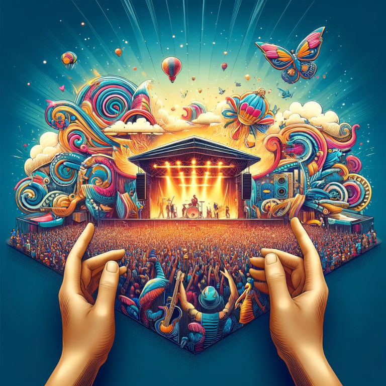 A vibrant and tasteful graphic depicting the energetic atmosphere of a music festival, featuring dynamic performances on stage, diverse crowds immersed in the joy of live music, colorful art installations, and the communal spirit that defines the festival experience, all captured without words or text.