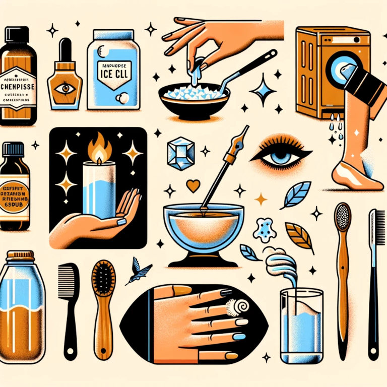 A stylish graphic depicting various beauty hacks, including multipurpose beauty products, quick-dry nails using cold ice water, perfect winged eyeliner with a spoon guide, cinnamon scrub for lips, inverted blow-drying for voluminous hair, an ice cube facial, Vaseline on pulse points for lasting fragrance, shaving legs with conditioner, and natural teeth whitening using baking soda and lemon.