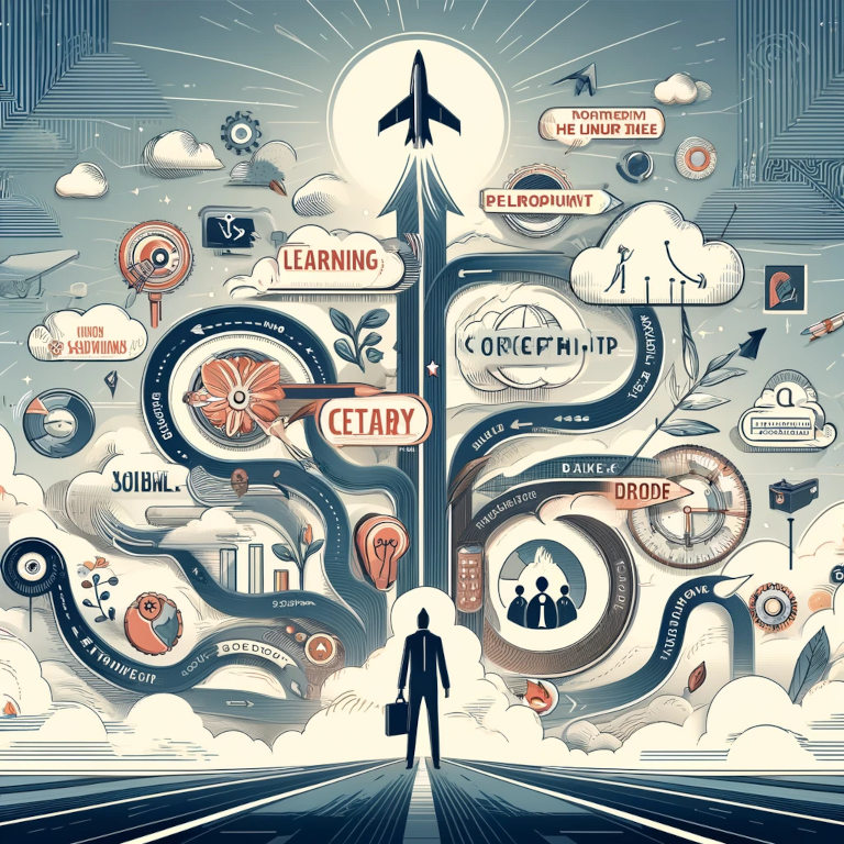 A visually engaging graphic depicting the multifaceted journey of career development, showcasing abstract pathways of learning, interconnected nodes symbolizing networking and mentorship, a unique emblem for personal branding, and a harmonious blend of professional and personal life elements, all conveyed without words in a sophisticated and appealing design.