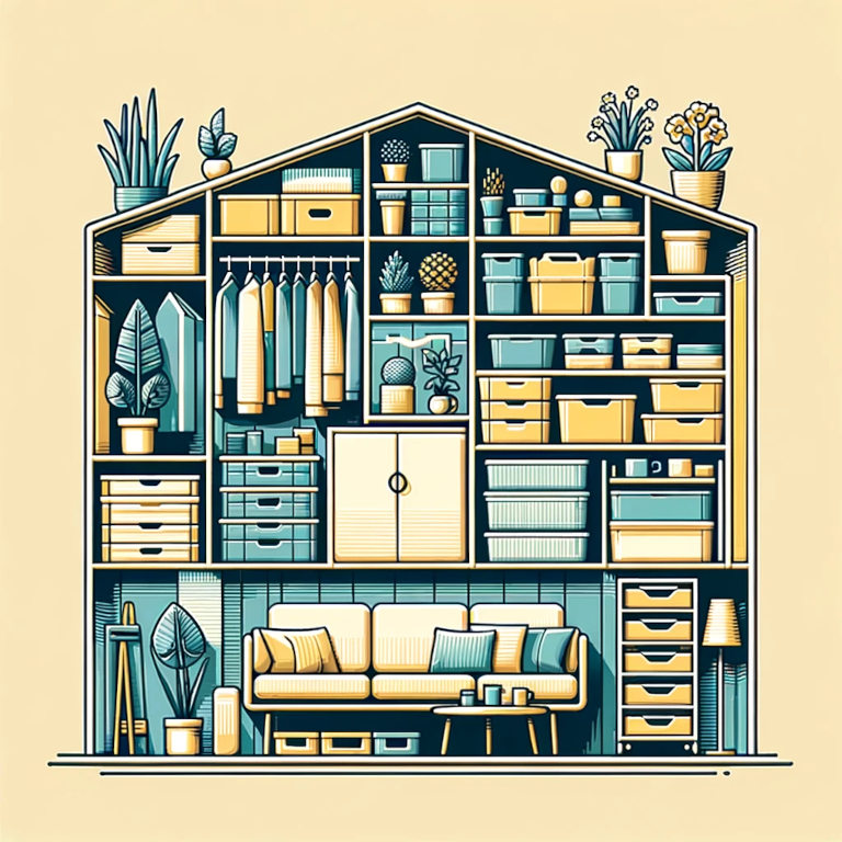 A visually appealing graphic showcasing a well-organized home with neatly arranged shelves, labeled bins, multi-functional furniture, and strategic use of vertical space, conveying a sense of calm and efficiency in a serene, clutter-free living environment.