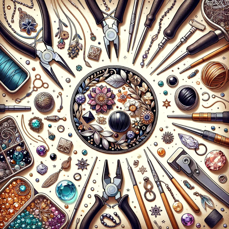 A graphic depicting a crafting table equipped with jewelry-making tools and materials, including pliers, wire, beads, and gemstones. A partially completed necklace or bracelet adds to the scene, illustrating the detailed and intricate process of DIY jewelry making.