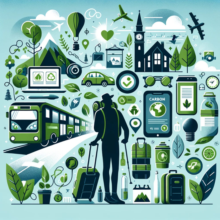 A graphic depiction of eco-friendly travel practices featuring a traveler using public transportation, a green-certified hotel, light luggage, a hiker on natural trails, local food markets, reusable water bottles, digital travel documents, and symbolic representations of carbon offsetting through trees and renewable energy.
