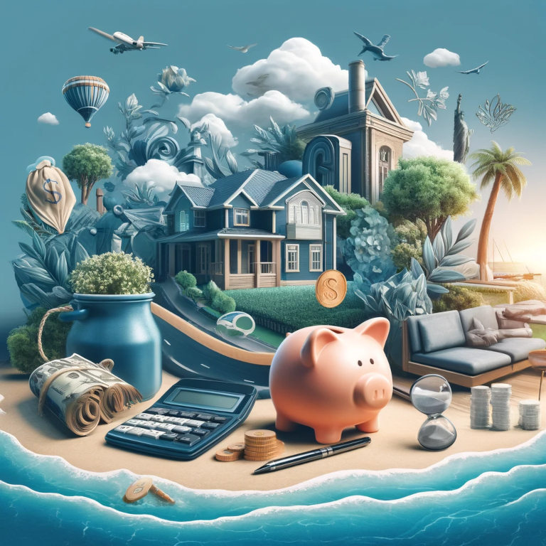 A sophisticated graphic depicting the journey to financial independence, featuring symbols of diversified investments like stocks, real estate, and bonds, alongside a piggy bank representing savings and subtle elements of a relaxed lifestyle enabled by financial freedom, such as a serene beach scene and a tranquil home environment.