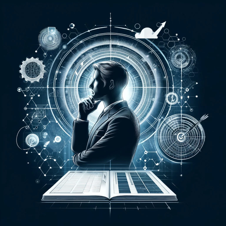 A high-quality graphic depicting a person in a thoughtful pose, symbolizing the visualization of success, with a detailed planner and a digital app interface showing tasks being completed. The design emphasizes the precision and systematic approach to personal development.