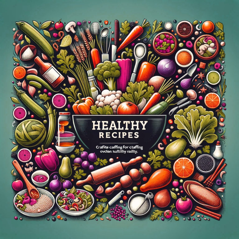 A visually engaging graphic showcasing the vibrant world of healthy recipes, featuring an assortment of fresh vegetables, fruits, whole grains, lean proteins, and healthy fats. The image artfully integrates representations of cooking techniques like steaming, grilling, roasting, and stir-frying, embodying the fusion of culinary art and nutritional wellness.