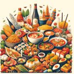 A vibrant graphic displaying a colorful spread of international dishes, including Italian pasta, Japanese sushi, Indian curry, Mexican enchiladas, and Thai Tom Yum soup, representing the rich diversity of global culinary traditions.