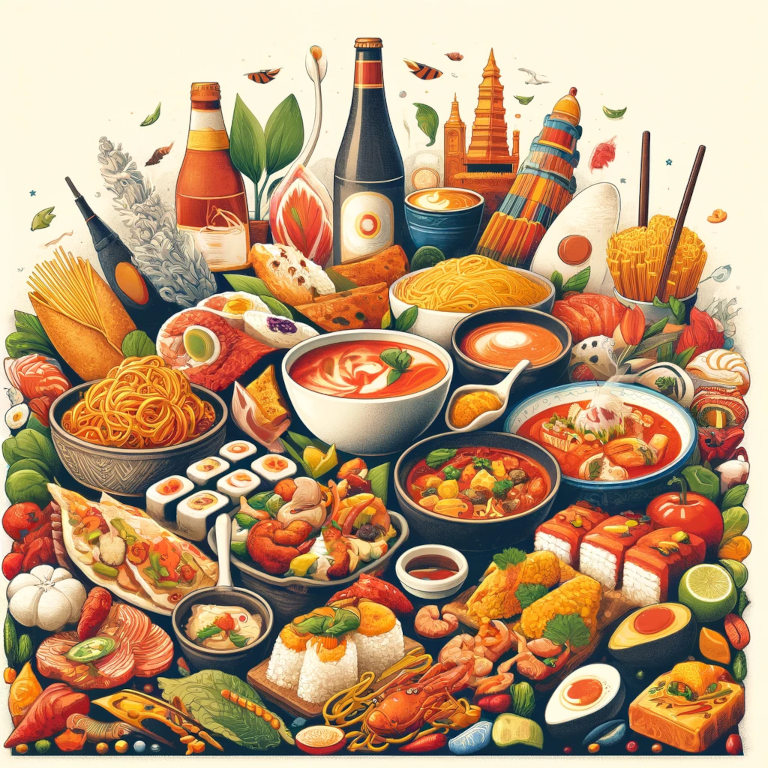 A vibrant graphic displaying a colorful spread of international dishes, including Italian pasta, Japanese sushi, Indian curry, Mexican enchiladas, and Thai Tom Yum soup, representing the rich diversity of global culinary traditions.