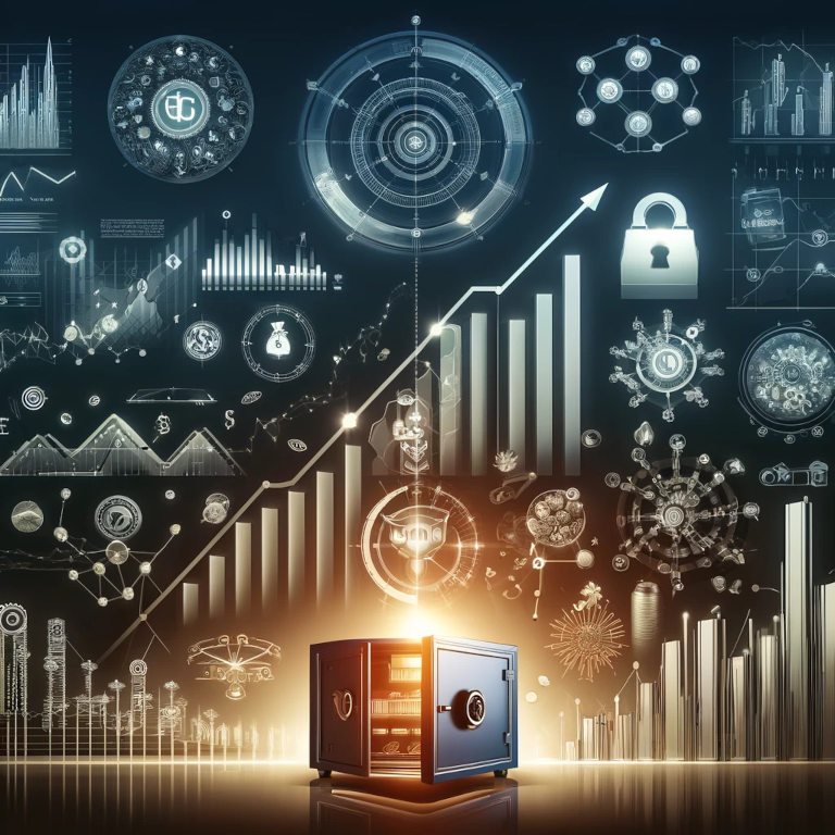 A high-quality graphic depicting various investment strategies, featuring a sophisticated portfolio layout with diverse assets, an upward trending growth graph, and icons symbolizing value and growth investing, as well as a safe symbolizing security and income investing.