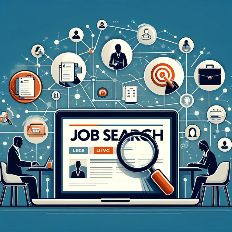 A sophisticated graphic depicting various elements of a professional job search, including a modern workspace with a laptop open to a job search site, a network of professional connections symbolized by interconnected dots, a stack of tailored resumes, a person in an interview setting, and icons for skill enhancement such as books and certificates, all illustrating the dynamic and methodical nature of modern job searches.