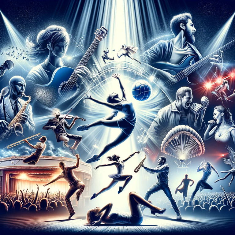 A vibrant graphic depicting diverse live performance scenes, including a musician immersed in their performance, actors on a dramatic stage, dancers in a passionate routine, and an intense moment in a sports event, illustrating the energy and connection inherent in live entertainment.