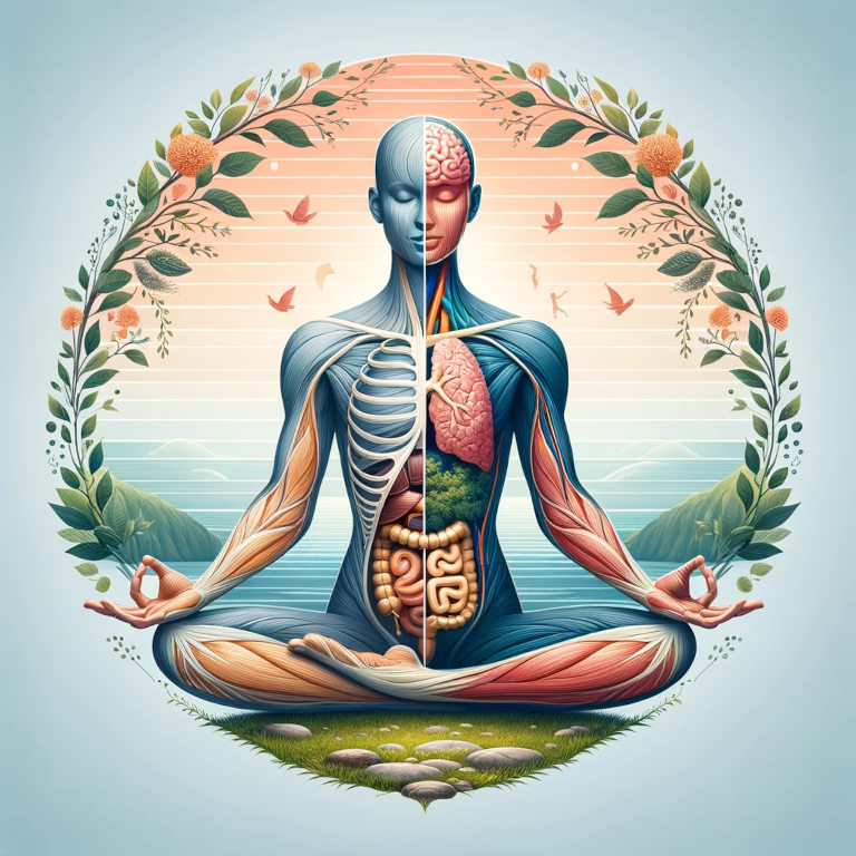 A graphic depicting a serene human figure in a yoga pose, half of the body shown in a transparent, anatomical view displaying healthy organs, surrounded by peaceful natural elements, illustrating the interconnectedness of mental and physical health.