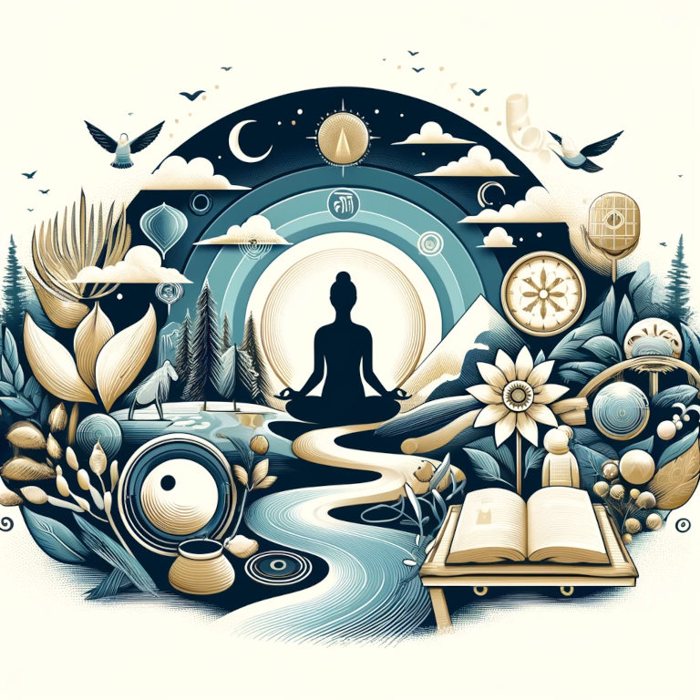 A serene and visually engaging graphic depicting the essence of mindfulness practices, featuring a tranquil landscape, symbols of peace such as a calm lake and a peaceful garden, alongside representations of meditation, mindful walking, eating, and journaling, all conveying the tranquility, awareness, and presence mindfulness brings to life.
