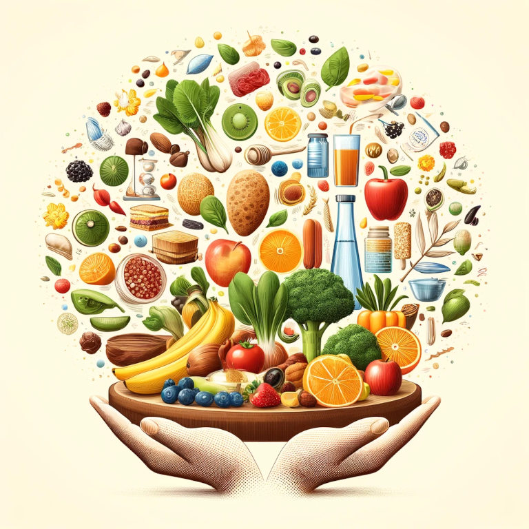 A visually appealing graphic showcasing a balanced spread of healthy foods, including sources of complex carbohydrates, lean proteins, healthy fats, and a diverse array of fruits and vegetables, along with symbols of hydration and micronutrients. The image emphasizes a holistic approach to nutrition, highlighting the importance of a diverse and balanced diet.