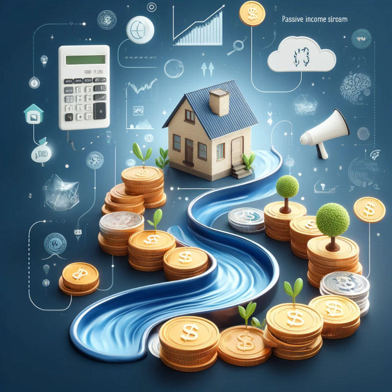 A sophisticated graphic showcasing various passive income streams, including a flowing stream of coins, a model house representing real estate investments, a rising dividend stock graph, a digital product symbolizing online courses or eBooks, and an affiliate marketing link. The arrangement highlights the ease and efficiency of earning passive income with minimal effort.