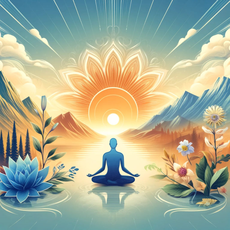 A serene and uplifting graphic depicting a figure meditating in a tranquil setting, surrounded by a serene landscape with symbols of a sunrise and blooming flowers, representing the transformative power of positive affirmations in fostering a positive mindset and personal growth.