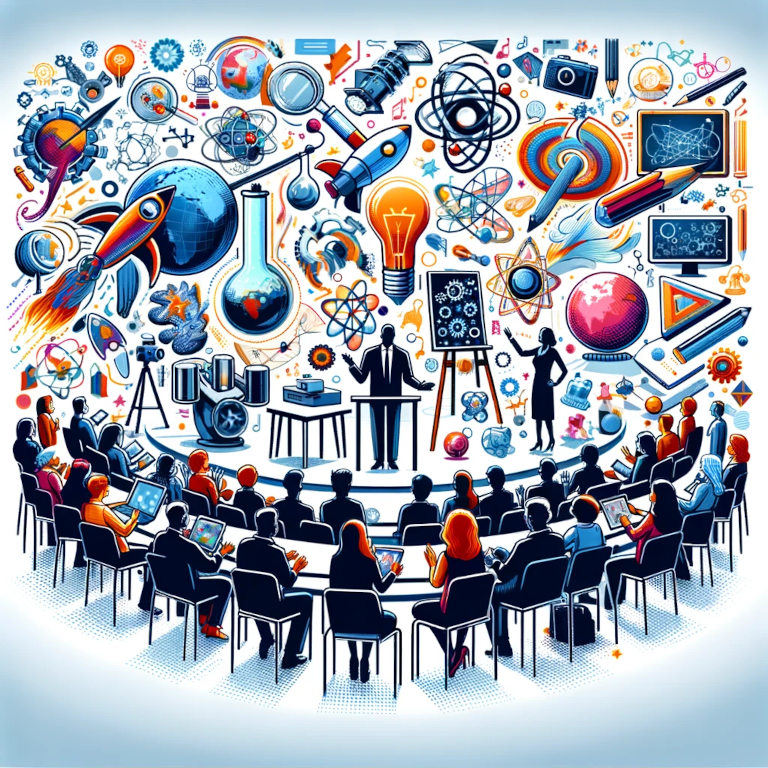 A graphic depiction of dynamic and inclusive science communication, showing a diverse group of people interacting with science exhibits, a speaker using visual aids at a science talk, and individuals using digital educational tools like tablets and VR headsets. The image illustrates the engaging and accessible ways science connects with the public.