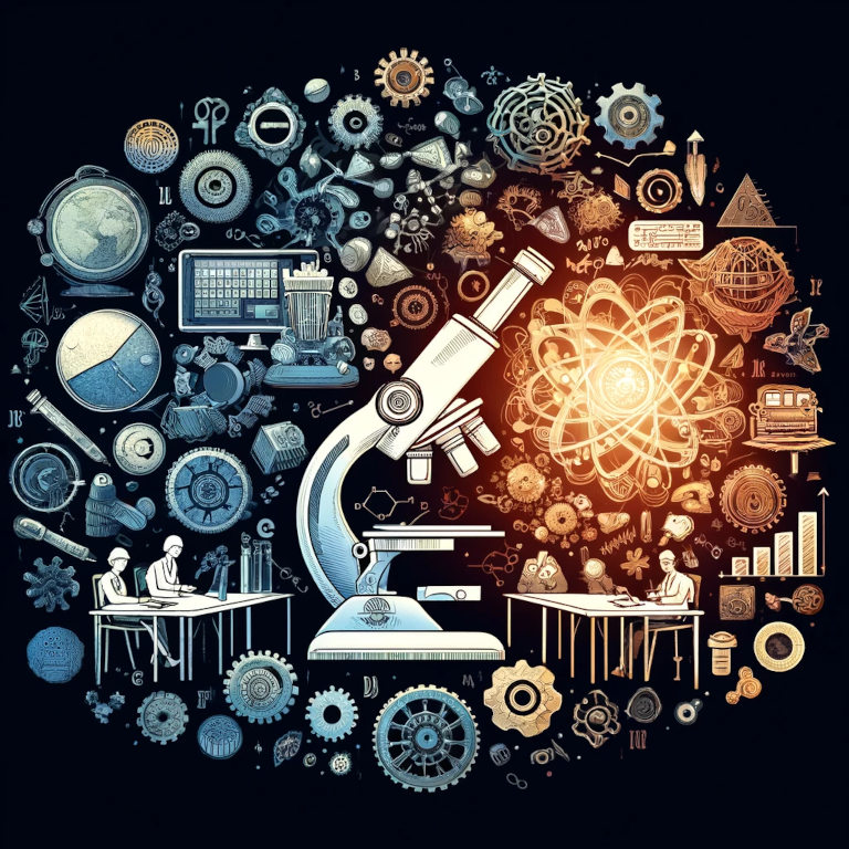 A sophisticated graphic showcasing the integration of science, technology, engineering, and mathematics in a classroom setting, featuring symbolic elements like a microscope, a computer, gears, and mathematical symbols, illustrating the collaborative and innovative spirit of STEM education.