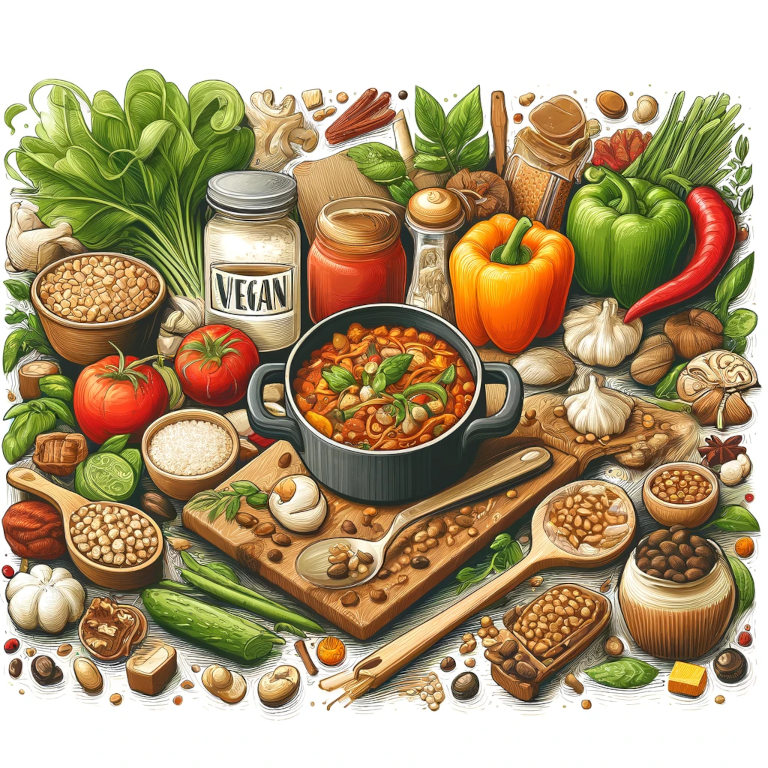 A tasteful graphic showcasing a kitchen scene filled with a variety of vegan ingredients and dishes in preparation, including fresh vegetables, grains, legumes, and nuts. A dish of vegan chili and cashew Alfredo pasta enhances the depiction, illustrating the richness and diversity of vegan cuisine.