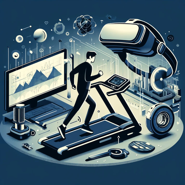 A sophisticated graphic showcasing a user immersed in a virtual environment using a modern VR headset, motion controllers, and a VR treadmill. The design highlights the advanced technology and immersive nature of virtual reality, creating a realistic and interactive digital experience.