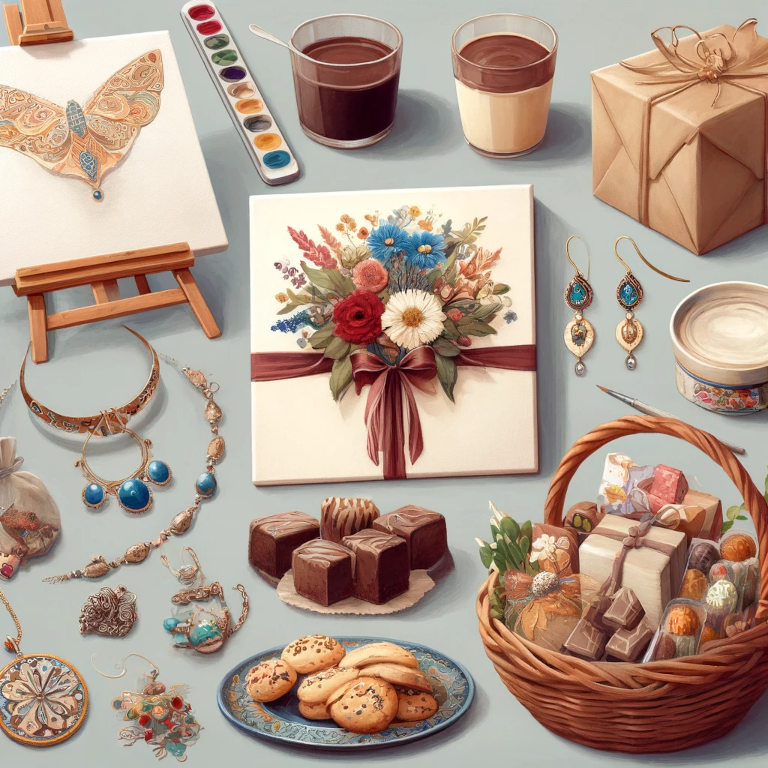 A collection of DIY gift items including a painted canvas, handmade jewelry, a hand-painted vase, and a basket of homemade treats, arranged tastefully.