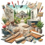 A graphic depicting a variety of DIY home improvement project elements including painting tools, modern backsplash, hardwood flooring samples, handmade furniture, and a lush garden scene, showcasing the creativity and transformation involved in enhancing a home environment.