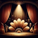An artistic representation of a burlesque show stage, featuring rich curtains, a spotlight on an ornate feather fan, and sequined costumes, with musical instruments like a saxophone and piano in the background.