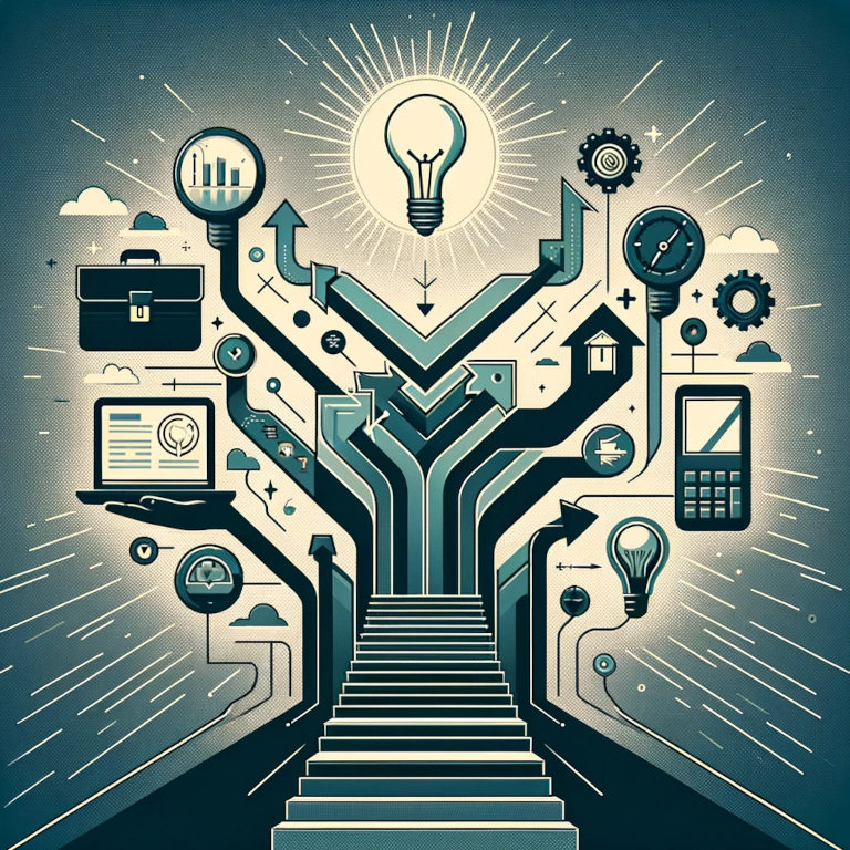 An artistic depiction of career transition showing a path splitting into multiple directions, leading to symbols like a briefcase, a digital tablet, and a light bulb, symbolizing different professional opportunities.