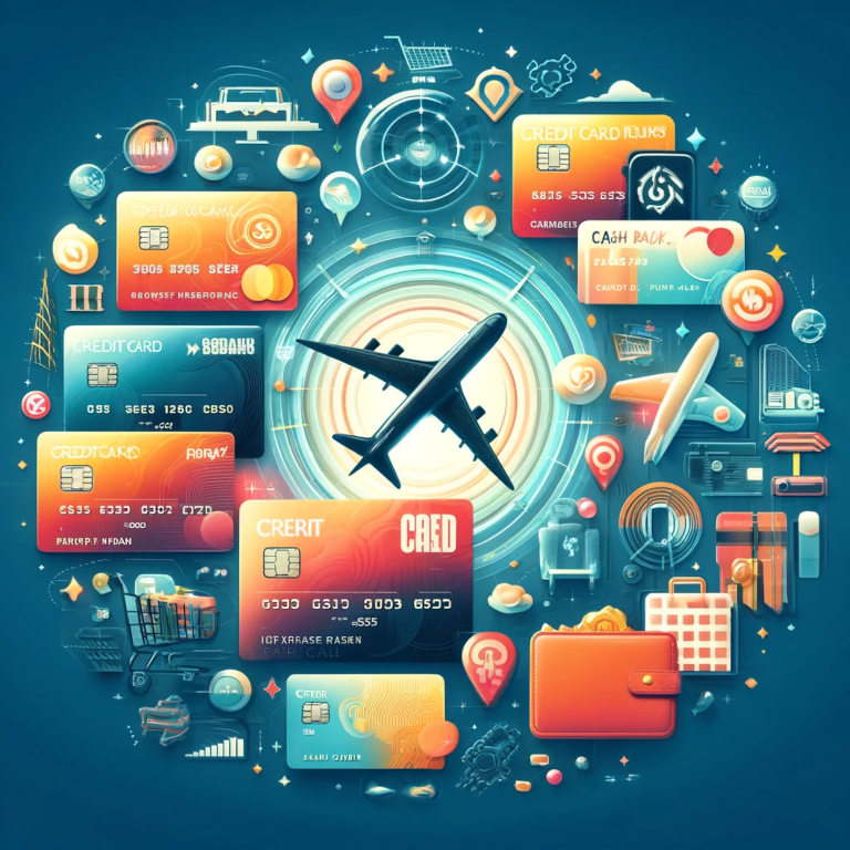 A graphic displaying a variety of credit cards, each emitting symbols representing different rewards types like cash back, travel miles, and points, with a plane, shopping cart, and wallet subtly integrated, depicting the diverse uses of credit card rewards.