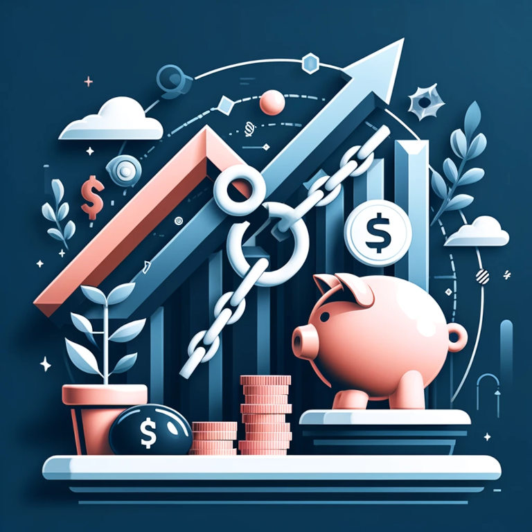 A graphic representation of debt management featuring a graph trending upwards, a broken chain, and a piggy bank symbolizing financial growth, freedom from debt, and savings.