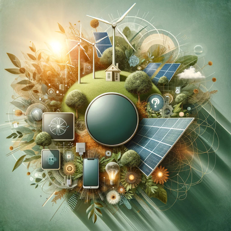 A graphic illustration showing a blend of eco-friendly technology with natural elements, featuring solar panels, wind turbines, and smart devices amidst greenery.