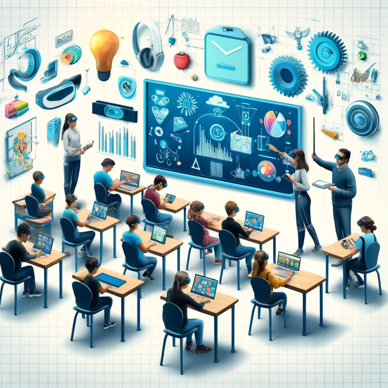 A graphic depicting a modern classroom setting where diverse students engage with advanced educational technology, including tablets, smartboards, and VR headsets. The students are actively participating in interactive learning experiences, showcasing the dynamic and engaging nature of educational technology.