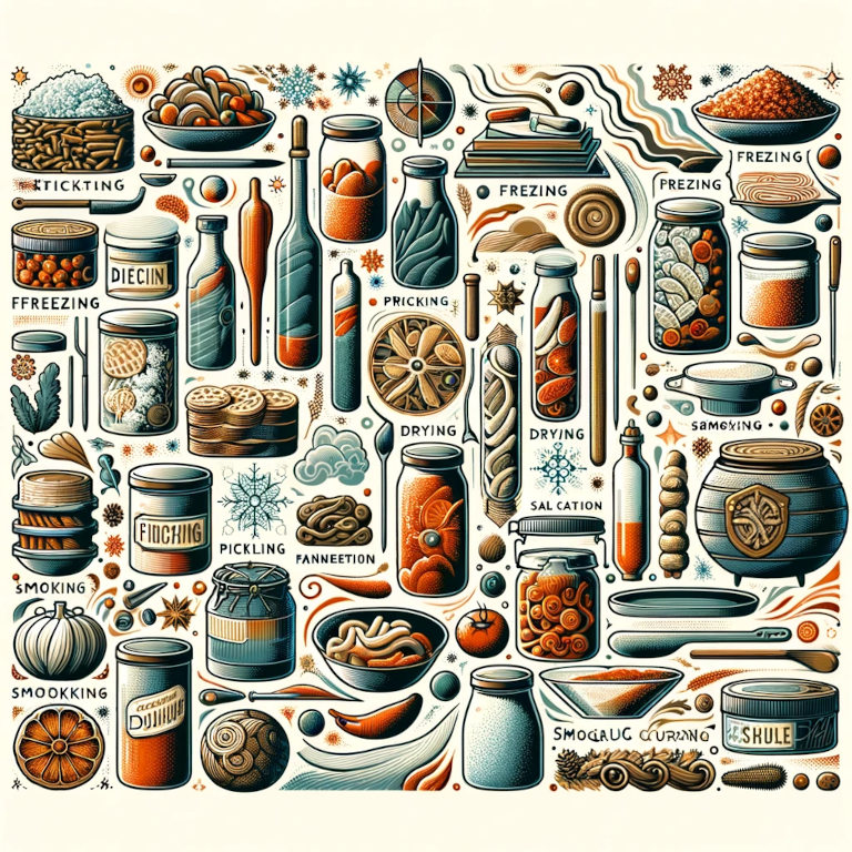 Abstract graphic depicting various food preservation techniques including canning, freezing, drying, pickling, fermentation, salt curing, smoking, and sugar preservation in an artistic layout.