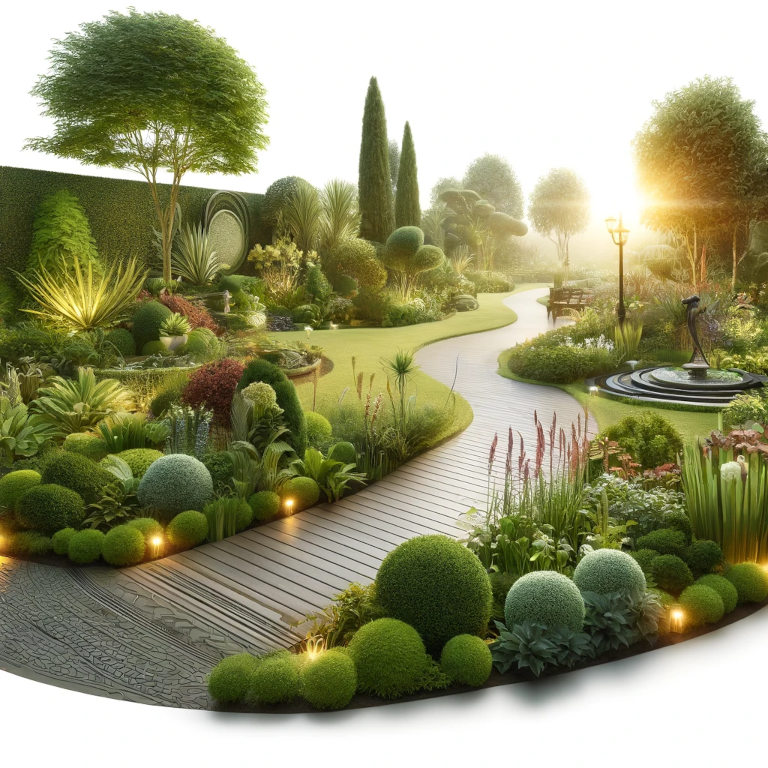 A beautifully landscaped garden featuring a winding pathway, lush plants, a small fountain, and naturalistic lighting, representing garden landscaping ideas.