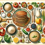 A graphic showcasing a variety of gluten-free ingredients and dishes, including almond flour, quinoa, fresh vegetables, gluten-free pancakes, and stuffed peppers, arranged tastefully in a kitchen setting.