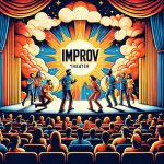 A graphic showcasing a vibrant theater setting with actors engaged in spontaneous performance, surrounded by an enthusiastic audience, capturing the dynamic and unscripted nature of improv theater.