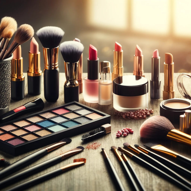 An array of makeup tools including brushes, colorful eyeshadow palette, mascara, lipstick, and foundation tastefully arranged against a soft, blurred background.