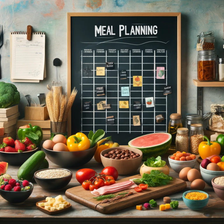 A kitchen counter displaying a variety of fresh ingredients organized for meal planning, with a visible meal plan chart in the background, highlighting the organization and health benefits of meal prepping.