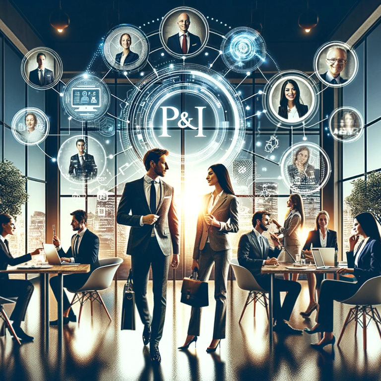 A graphic depicting a modern professional setting with diverse individuals interacting, each showcasing their unique professional identities. Elements like a smartphone and laptop display professional profiles, emphasizing the significance of a well-maintained digital presence in personal branding.