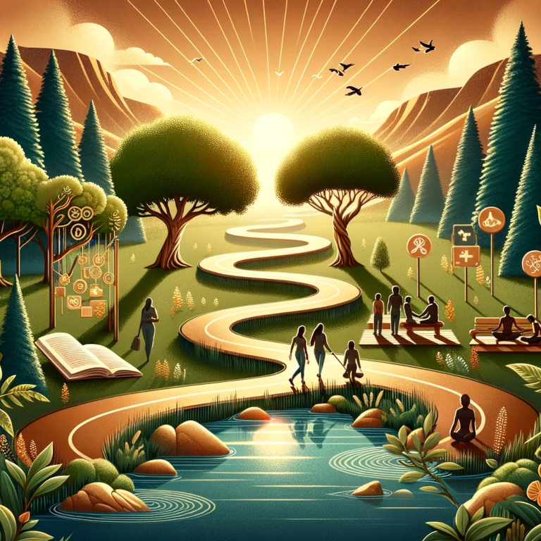 Graphic depicting a journey through a lush forest with symbolic elements representing personal growth strategies such as lifelong learning, self-care, resilience, strong relationships, and mindfulness.