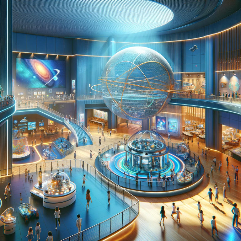 An interior view of a modern science museum featuring interactive exhibits including a planetarium, robotics display, and hands-on activity stations with children and adults actively engaging and learning.