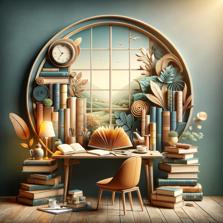 A graphic depicting a serene reading setting with a collection of self-help books on a desk, a comfortable reading chair, and elements like a cup of tea and a notepad, symbolizing a personal development journey. A window shows a view of nature, enhancing the peaceful environment.