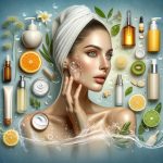 A graphic showcasing an array of skincare products arranged elegantly with a model demonstrating fresh, dewy skin, and natural elements like citrus and herbs, emphasizing the freshness and cleanliness of a daily skincare routine.