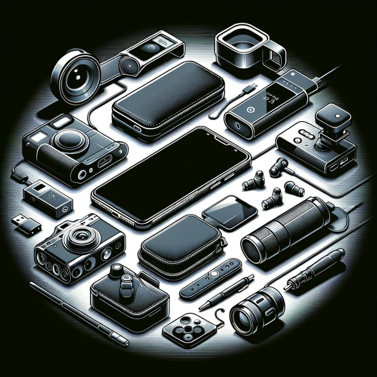 A graphic showcasing a collection of smartphone accessories arranged stylishly, including a protective case, portable charger, wireless earbuds, a smartphone stand, Bluetooth tracker, camera lens attachments, and a gaming controller, illustrating the functional diversity and aesthetic appeal of these enhancements.