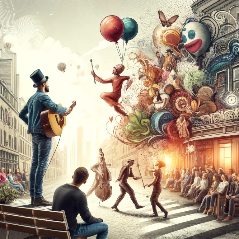 A vibrant scene of street performers including a musician, juggler, and mime artist entertaining an audience in an urban setting.