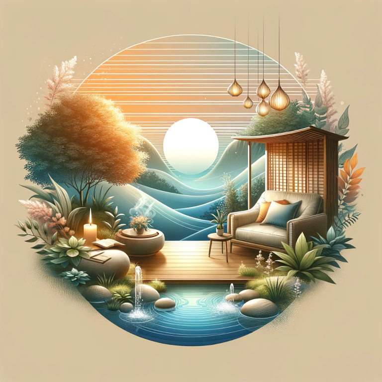 A soothing graphic depicting stress management through a serene nature scene, symbolizing tranquility and mindfulness.