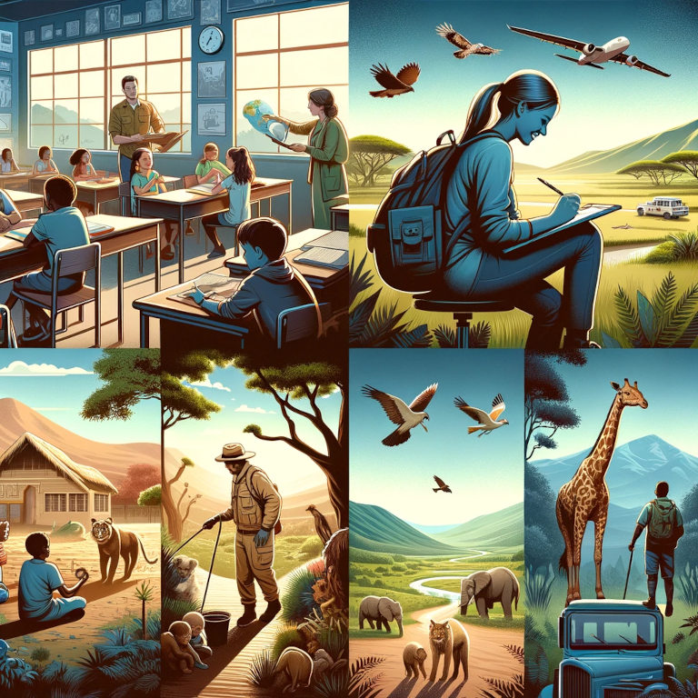 A graphic depicting diverse volunteers engaged in activities like teaching, wildlife conservation, and community building in various settings including a classroom, a wildlife sanctuary, and a rural construction site, illustrating the global and altruistic nature of volunteer travel.