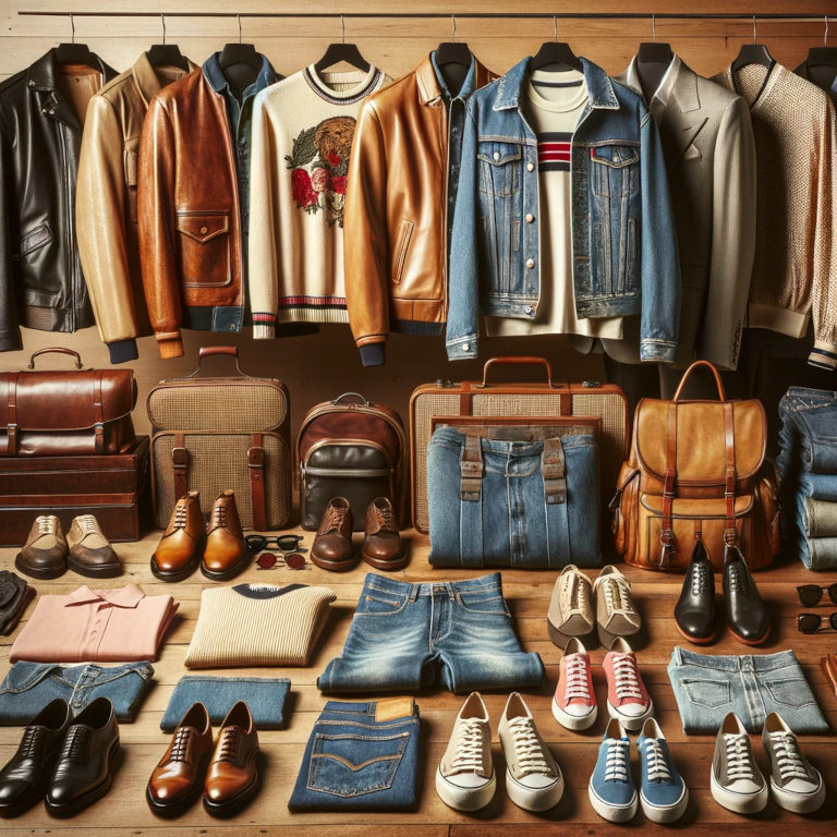 A diverse collection of late 20th-century vintage fashion, featuring both men's and women's garments such as bomber jackets, denim outfits, graphic tees, leather jackets, and tailored suits, displayed in a tasteful and organized setting.