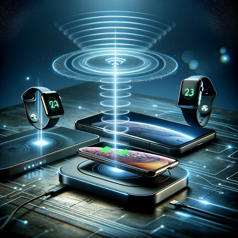 A graphic depicting a modern wireless charging pad with various devices such as smartphones, tablets, and smartwatches elegantly placed on it, highlighted by soft, glowing lines representing electromagnetic fields, emphasizing the convenience and innovation of wireless charging.