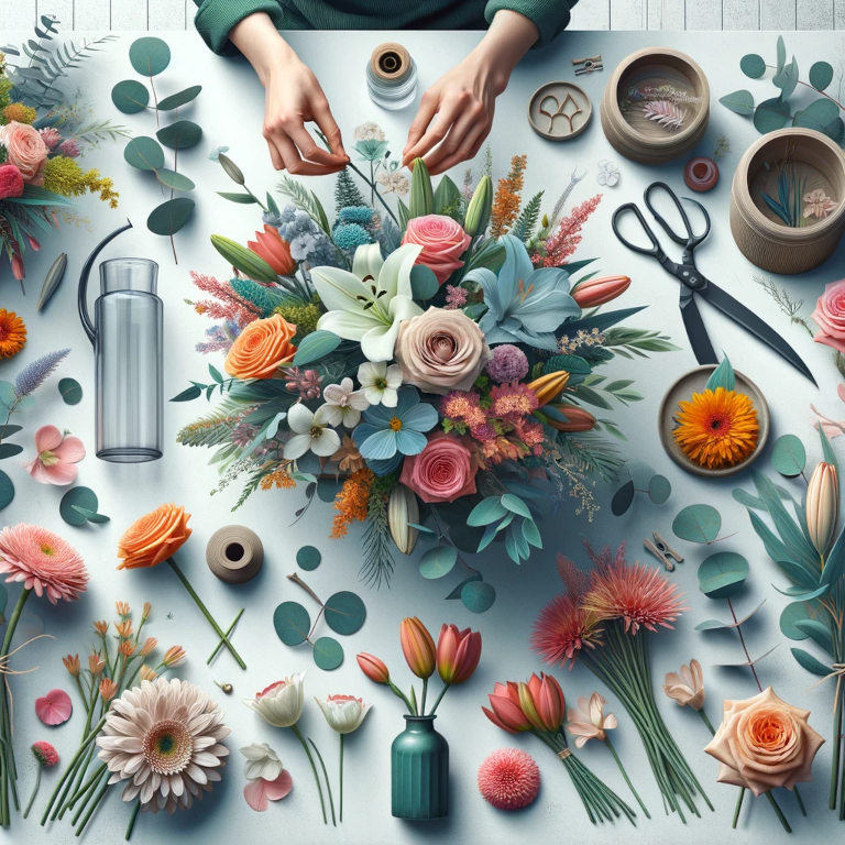 A visually captivating graphic featuring a person arranging a bouquet of colorful flowers in a vase, including roses, lilies, and tulips, along with foliage like eucalyptus and ferns, symbolizing DIY flower arrangements.